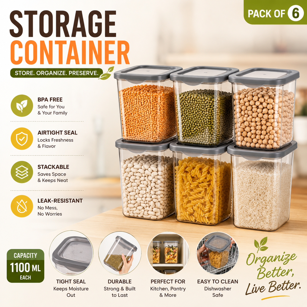Airtight Kitchen Storage Container Set Pack of 6