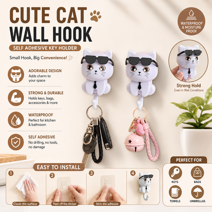 Cute Cat Wall Hook Self Adhesive Key Holder