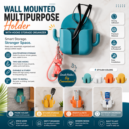 Wall Mounted Multipurpose Holder with Hooks Storage Organizer