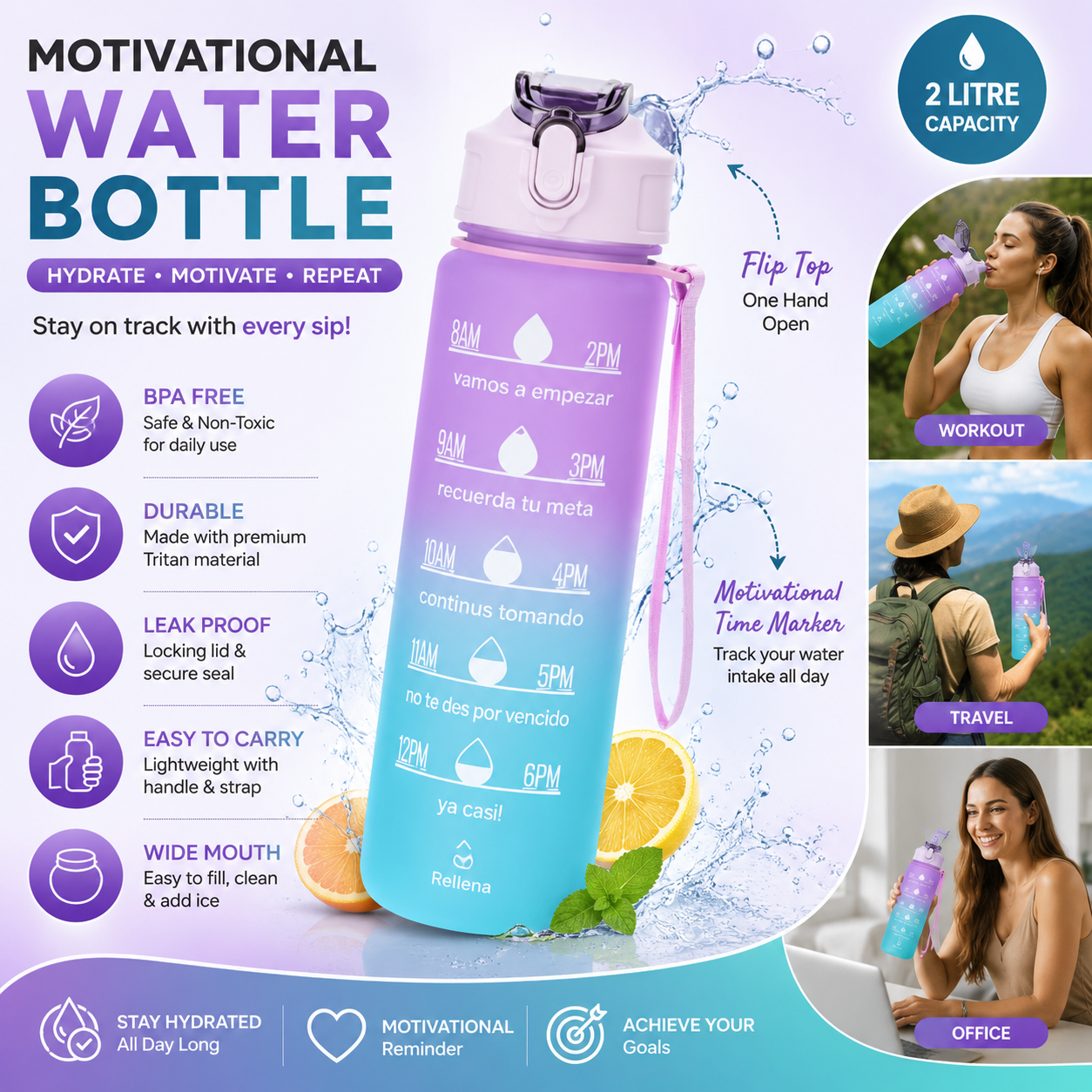 Motivational Gradient Water Bottle Set of 3 Leakproof